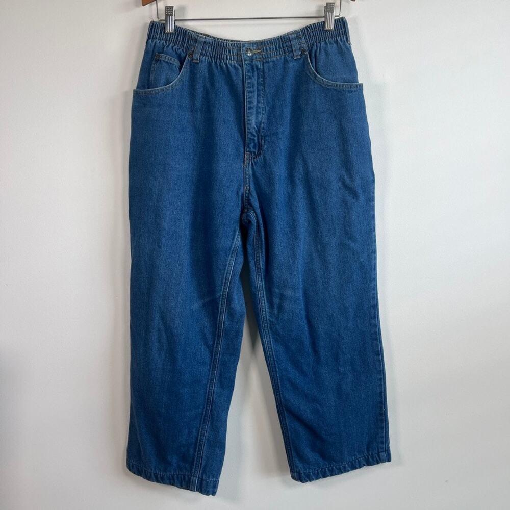 Haband Blue Jeans Flannel Lined Elastic Waist Relaxed Fit Denim Pants Plain Line
